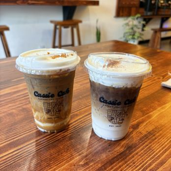 Cassie Cafe - Biscoff latte on the left and Cassie's foam latte on the right - Coffee & Tea Near Me - Santa Ana, California Cassie Cafe - Biscoff latte on the left and Cassie's foam latte on the right - Coffee & Tea Near Me - Santa Ana, California