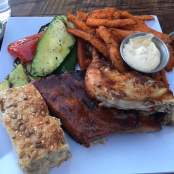 Bushfire Kitchen - Temecula - 1/4 chicken 1/4 ribs sweet potato fries veggies bread and a satisfied stomach - so good! - Gluten-Free Near Me - Temecula, California