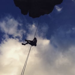Golden Mountain Guides - Going up is only half the fun!  The 100 foot free-hanging rappel off the backside of the Maiden is spectacular!