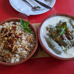 Alhalabi Restaurant - Shekh Al-Mahshi - stuffed zucchini in yogurt sauce, served with rice and caramelized nuts