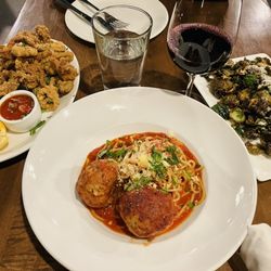 Osteria Marco - -spaghetti promodoro with meatballs - brussel sprout - fried calamari - glass of barbera wine