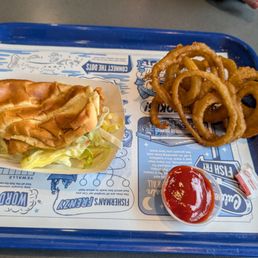 Walleye fish sandwich basket with onion rings