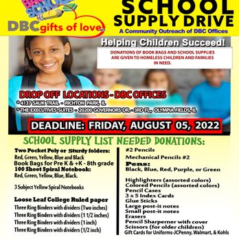 DBC Offices - 5th Annual Book Bag & School Supply Drive 2022 for Homeless Children & Families in Need. dbcgiftsoflove@gmail.com for additional information - Shared Office Spaces Near Me - Richton Park, Illinois DBC Offices - 5th Annual Book Bag & School Supply Drive 2022 for Homeless Children & Families in Need. dbcgiftsoflove@gmail.com for additional information - Shared Office Spaces Near Me - Richton Park, Illinois