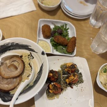Ramen Nori - Original ramen; fried oyster on top; spicy tuna chips (5 pieces but someone quickly consumed one) - Sushi Bars Near Me - Bellevue, Washington Ramen Nori - Original ramen; fried oyster on top; spicy tuna chips (5 pieces but someone quickly consumed one) - Sushi Bars Near Me - Bellevue, Washington