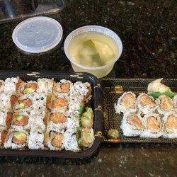Spicy tuna, salmon avocado, spicy salmon, and spicy yellowtail roll with miso soup