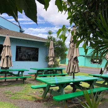 Mark's Place - green picnic tables and umbrellas - Hawaiian Near Me - Lihue, Hawaii Mark's Place - green picnic tables and umbrellas - Hawaiian Near Me - Lihue, Hawaii