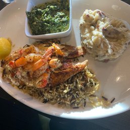 Blackened Redfish Dinner, cream spinach, potatoe casserole
