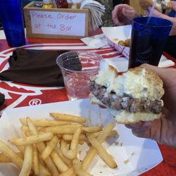 Two Fat Guys Bar and Grill - Olive burger and water glass