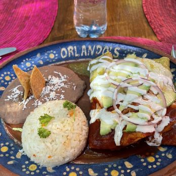 Orlando's - Chicken enchiladas half red and half green - Mexican Near Me - Loreto, BCS Orlando's - Chicken enchiladas half red and half green - Mexican Near Me - Loreto, BCS