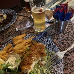 Delicious haddock and chips with salad and mushy peas. Paired with an orchard thieves cider! What a great day! Delicious haddock and chips with salad and mushy peas. Paired with an orchard thieves cider! What a great day!