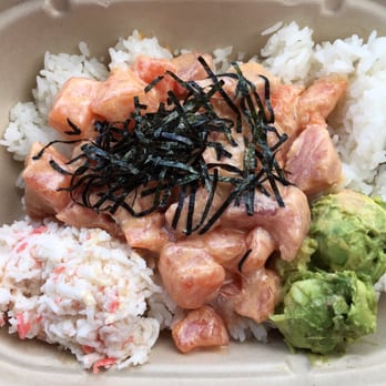 Poke Ave - Large with salmon (three scoops), tuna (two scoops), crab meat, avocado, nori, white rice, spicy mayo, sesame oil, & ponzu sauce - Seafood Near Me - Brea, California