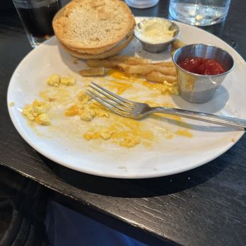 Boston Ale House - Finished meal of coke, scrambled eggs, fries and gluten free bread. - New American Near Me - Boston, Massachusetts