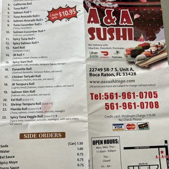 A&A Sushi - Menu as of 12/30/22 - Japanese Near Me - Boca Raton, Florida
