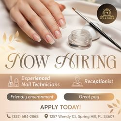 Spa #1 Nails - NOW HIRING
SPA 1 NAILS is looking for new team members!
We are hiring:
Experienced Nail Technicians
Receptionist