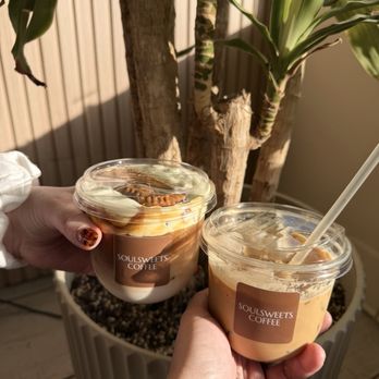 Soulsweets Coffee - Left to right: iced biscoff latte, iced vanilla latte. - Coffee & Tea Near Me - Glendale, California