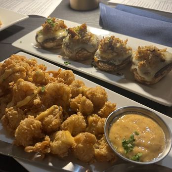 Salt At Geist - Crab stuffed mushroom caps and kung pao rock shrimp - Wine Bars Near Me - Fishers, Indiana Salt At Geist - Crab stuffed mushroom caps and kung pao rock shrimp - Wine Bars Near Me - Fishers, Indiana