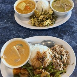 Top: yellow curry, stir friend mustard greens with eggs, green curry  Bottom: red curry, string beans with pork, Thai basil chicken