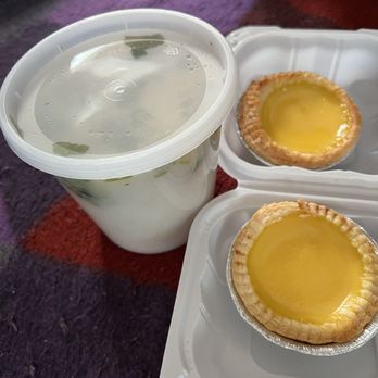 Big Dish Restaurant - Tub of jook and 2 egg custards - Barbeque Near Me - Oakland, California