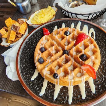 Flavor Hills - Churro Waffle, brunch potatoes, scrambled eggs with cheese and scone - Southern Near Me - Jacksonville, North Carolina