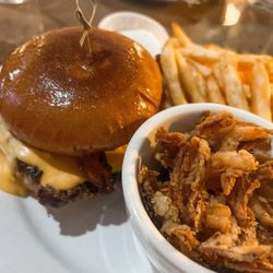 Badlands Bar & Grill - Bison burger with crispy onions on the side