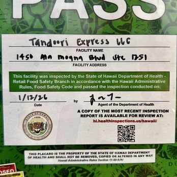 Tandoori Express - Department of Health Permit. - Pakistani Near Me - Honolulu, Hawaii Tandoori Express - Department of Health Permit. - Pakistani Near Me - Honolulu, Hawaii