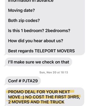 Teleport Movers - The promo they say means that I get 108 off instead of at no cost - Movers Near Me - Plano, Texas Teleport Movers - The promo they say means that I get 108 off instead of at no cost - Movers Near Me - Plano, Texas