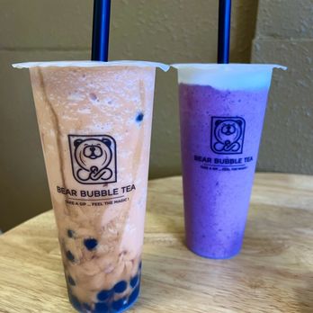 Bear Bubble Tea - Blended Thai tea (added boba) & a strawberry blueberry smoothie - Bubble Tea Near Me - Anchorage, Alaska