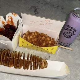 Korean Popcorn Chicken, Tornado Potato, Potato Corndog, Ube Boba. Korean Popcorn Chicken, Tornado Potato, Potato Corndog, Ube Boba.