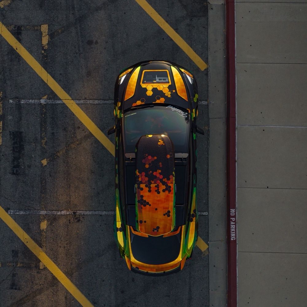 AIM Wrap Studio - Drone shot from above showing the unique design from a top down view - Auto Customization Near Me - Los Angeles, California AIM Wrap Studio - Drone shot from above showing the unique design from a top down view - Auto Customization Near Me - Los Angeles, California