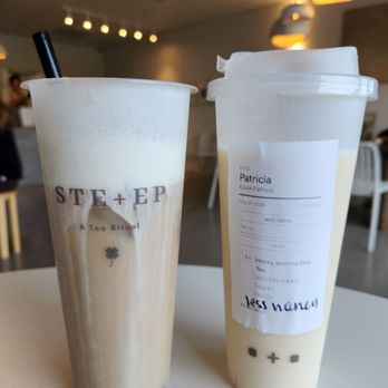 BoBaPoP Tea Bar - Drinks after a few sips. Honey Milk Jasmine (non-dairy) customized further to have less honey + Roasted Oolong with salted sea cream. - Bubble Tea Near Me - San Marcos, California