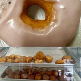 Strawberry glazed donut and donut holes.