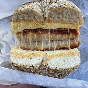 Biff's Bagels - Bacon, egg and cheese on everything bagel. LOOK AT THE CHEESE PULL - Bagels Near Me - Flagstaff, Arizona Biff's Bagels - Bacon, egg and cheese on everything bagel. LOOK AT THE CHEESE PULL - Bagels Near Me - Flagstaff, Arizona