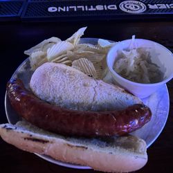 Marysville House - Jalapeño Cheese Bratwurst with sauerkraut and chips