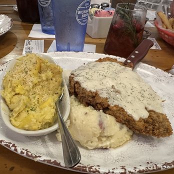 Wunsche Bros Cafe & Saloon - Chicken fried steak with fresh mashed red potatoes, white gravy and squash casserole! Handmade in house! Delicious!!! Big portions! - Burgers Near Me - Spring, Texas