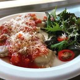 Pictured is the three cheese ravioli and side salad. Without meatballs. Pictured is the three cheese ravioli and side salad. Without meatballs.