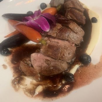 Chandler's Oceanfront Dining - Peking Duck, with Celery Root Purée, Glazed Heirloom Carrots and Blueberry Demi - New American Near Me - Carlsbad, California