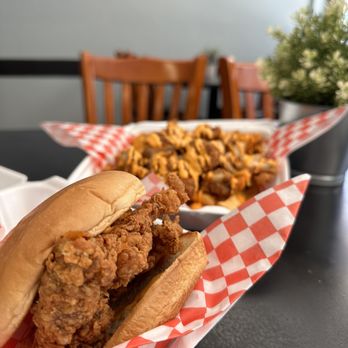 Eat at Clark’s - a fried chicken sandwich and fries - New American Near Me - San Andreas, California Eat at Clark’s - a fried chicken sandwich and fries - New American Near Me - San Andreas, California