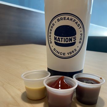 Nation's Giant Hamburgers - Honey mustard, bbq and ketchup - Burgers Near Me - Denton, Texas Nation's Giant Hamburgers - Honey mustard, bbq and ketchup - Burgers Near Me - Denton, Texas
