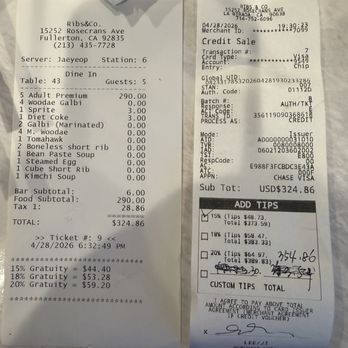Ribs & Co - Paying tip on top of tax? And the 15% is different on both receipts - Korean Near Me - La Mirada, California Ribs & Co - Paying tip on top of tax? And the 15% is different on both receipts - Korean Near Me - La Mirada, California