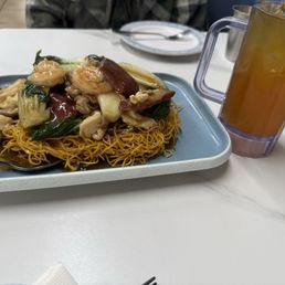 Combo Pan-Fried Noodle / 招牌煎麵 and iced peach green tea Combo Pan-Fried Noodle / 招牌煎麵 and iced peach green tea