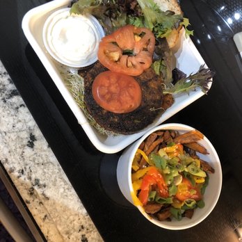 Fresh On Front - Chipotle Bacon Burger  (made from grains and NO legumes) and Sweet potato Dragon Fries. - Vegan Near Me - Toronto, Ontario