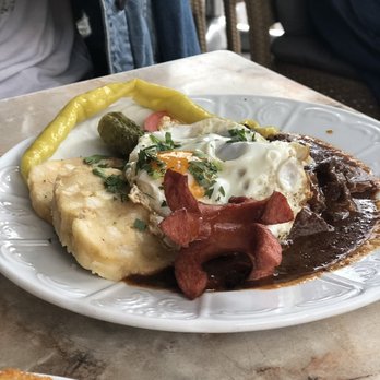 Gutenberg - Beef goulash with fried egg, potato dumplings, pickles, and pieces of sausage - German Near Me - Vienna, 9