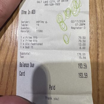 The Five Alls Restaurant - a hand holding a receipt - Seafood Near Me - Salt Lake City, Utah The Five Alls Restaurant - a hand holding a receipt - Seafood Near Me - Salt Lake City, Utah