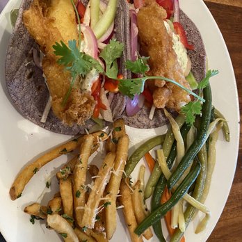 Brigantine - Lobster tacos with garlic parm fries and veggies. - Seafood Near Me - Del Mar, California
