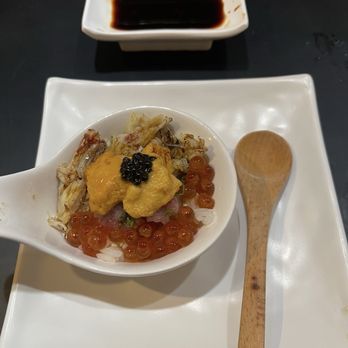 Ken's Japanese Restaurant - Part of Omakase - Rice topped with salmon roe, Dungeness crab, toro, uni, and caviar - Japanese Near Me - Rancho Cucamonga, California Ken's Japanese Restaurant - Part of Omakase - Rice topped with salmon roe, Dungeness crab, toro, uni, and caviar - Japanese Near Me - Rancho Cucamonga, California