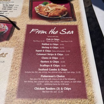 Brad's Restaurant - The 'From the Sea' part of the Menu. Not sure why Chicken Tenders are on this, but does say 'not from the sea' to avoid any confusion ' - Seafood Near Me - Pismo Beach, California Brad's Restaurant - The 'From the Sea' part of the Menu. Not sure why Chicken Tenders are on this, but does say 'not from the sea' to avoid any confusion ' - Seafood Near Me - Pismo Beach, California