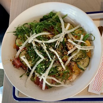 Malibu Poke - Medium Create Your Own Bowl with salmon and tuna - ingredients are fresh and flavorful and bowl is filling! - Poke Near Me - Dallas, Texas Malibu Poke - Medium Create Your Own Bowl with salmon and tuna - ingredients are fresh and flavorful and bowl is filling! - Poke Near Me - Dallas, Texas