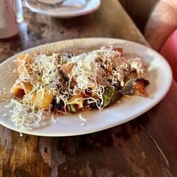 Zeppoli - Rigatoni alla Disgraziata (mezze rigatoni with eggplant, tomato, ricotta salata and basil-breadcrumbs)