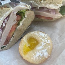Turkey Havarti on a everything bagel with mini lemon muffin. Turkey Havarti on a everything bagel with mini lemon muffin.