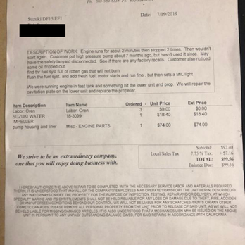 Specialty Marine - NOTICE HOW IT SAYS THEY WILL REPLACE MY PROP - BUT DIDNT. Original drop off date 7/19/19 Damage noticed 7/26/19 Picked up outboard 8/5/19 - Boat Repair Near Me - Oxnard, California Specialty Marine - NOTICE HOW IT SAYS THEY WILL REPLACE MY PROP - BUT DIDNT. Original drop off date 7/19/19 Damage noticed 7/26/19 Picked up outboard 8/5/19 - Boat Repair Near Me - Oxnard, California